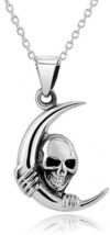 925 Sterling Silver Crescent Moon Skull Pendant Necklace For Women 18 inch Chain - £58.34 GBP