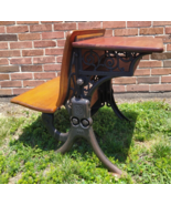 Antique Child&#39;s School Desk Wood Ornate Cast Iron Folding Seat Ink Well ... - $296.99
