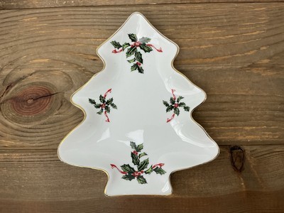 Vintage Lefton Christmas Tree Shape Dish Hand Painted Holly Candy Nuts 7... - $24.69