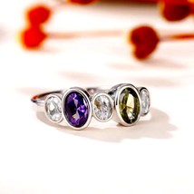 Amethyst &amp; Peridot Oval 925 Silver Plated Ring Size 8.5 - £23.49 GBP