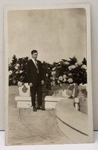 RPPC Man Posing at Fountain Large Hydrangea Planters c1910 Photo Postcard E12 - £4.66 GBP