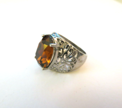 Bold Statement Ring Amber Brown Stone Silver Large Cut Glass Size 9 Marked SS - £7.81 GBP