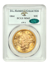 1864 $20 PCGS/CAC MS62 ex: D.L. Hansen - $50,925.00