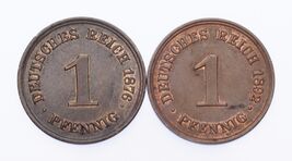1876-A &amp; 1892-A Germany 1 Pfennig Lot of 2 Coins (AU-UNC Condition) - $59.99
