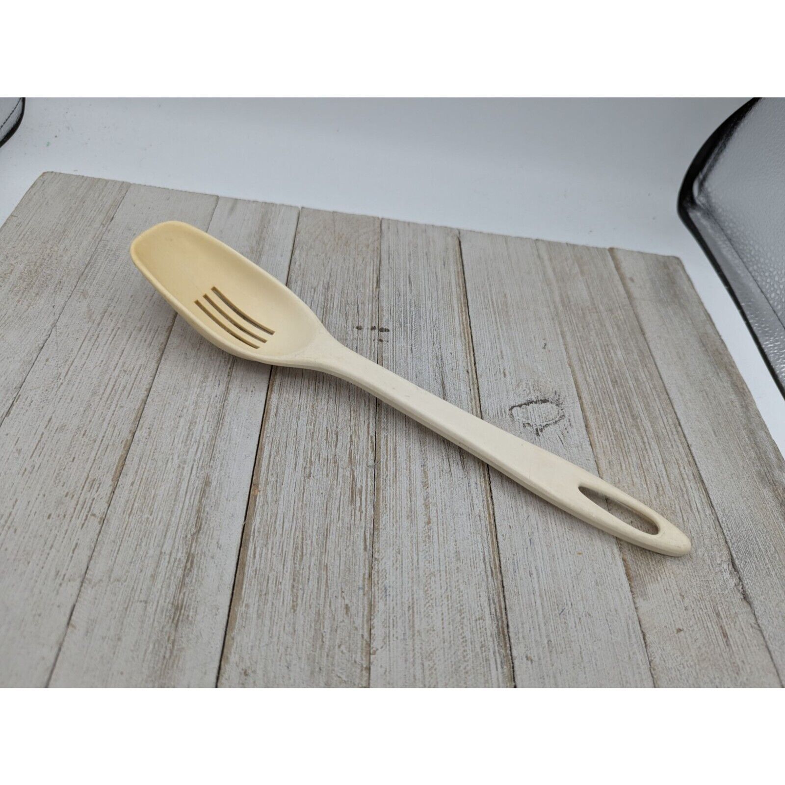 Primary image for Vintage Ensar Almond Beige Nylon Plastic Slotted Spoon 11"