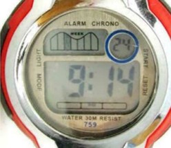 Men&#39;s Digital Watch Alarm Chrono Red &amp; Black Rubber Band Light Quartz WR30 NWOT - £26.02 GBP