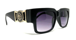 Matte Black Gold Square Lion Head Medallion Buckle Luxury Sunglasses Hip Hop Rap - £6.03 GBP