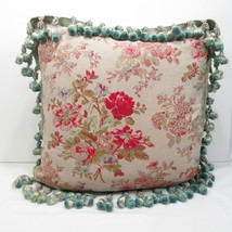 Peking Handicraft Floral Blue Pink Double-Tassel Reversible Linen Blend Pillows - $82.00