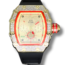 Men&#39;s Big Face Iced up Bezel 45mm Hip Hop CZ Gold Plated Rubber Band Watch - £20.04 GBP