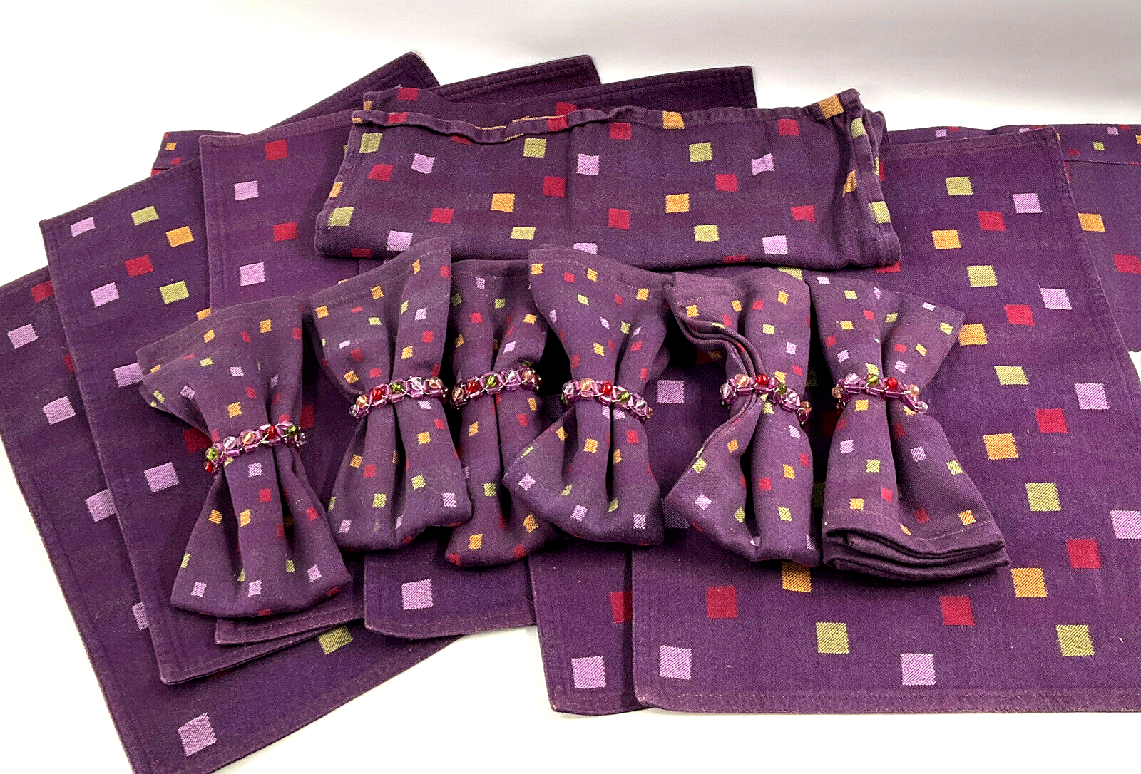 Primary image for Pampered Chef Squares Purple (Matches Dots) Coth Napkins, Placemats Table Runner
