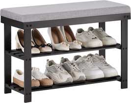 Apicizon 3-Tier Shoe Rack For Entryway, Bamboo Shoe Bench With Cushion, Black - £48.23 GBP