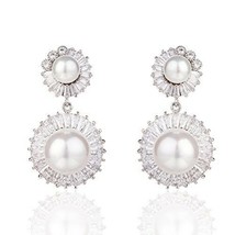 Elegant Cubic Zirconia Women Wedding Pierced Drop Earrings Cultured Shell Pearl - £103.92 GBP