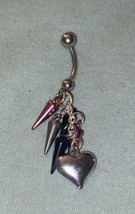 Dangle Heart &amp; Spikes Pink Black Gray 14 Gauge Belly Button Ring Surgica... - £4.45 GBP