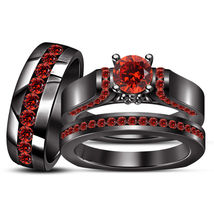 14k Black Gold Finish 2Ctw Red Garnet His &amp; Her Wedding Engagement Trio Ring Set - £67.47 GBP
