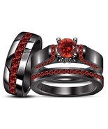 14k Black Gold Finish 2Ctw Red Garnet His &amp; Her Wedding Engagement Trio ... - $115.31 CAD