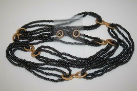 Black &amp; Gold Multi Strand 36&quot; Seed Bead Necklace &amp; Pierced Earring Set J461 - £27.17 GBP