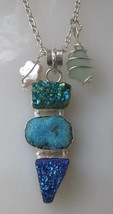 Necklace Genuine Aqua Sea Glass, Blue Green Titanium Raw Druzy Crystals, Solar  - £20.04 GBP