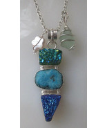 Necklace Genuine Aqua Sea Glass, Blue Green Titanium Raw Druzy Crystals,... - £19.61 GBP