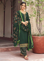 Beautiful Dark Green Multi Embroidered Traditional Punjabi Style Suit1176 - £36.72 GBP
