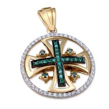 Jerusalem Cross Round Pendant Gold 14K With Diamonds Jewelry by Anbinder Gift - £974.77 GBP