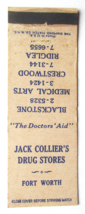 Jack Collier&#39;s Drug Store - Fort Worth, Texas 20 Strike Matchbook Cover Match TX - £1.37 GBP
