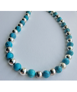 VINTAGE 925   8 MM. STERLING SILVER AND TURQUOISE BEADS   NECKLACE  18 INCH - £95.30 GBP