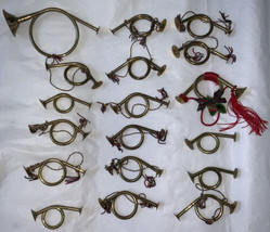 Brass French Horn Fox Horn Christmas Ornaments Decorative Tassel Cords Lot of 18 - £31.65 GBP