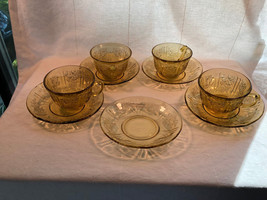 Vintage Amber Sharon 4 Cups 5 Saucers Depression Glass Mint - £27.90 GBP