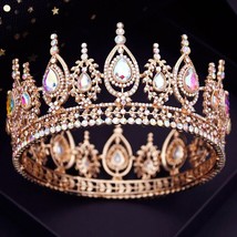 Gold AB Round Crystal Crown | Bride Wedding Hair Jewelry | Silver Red Yellow Pur - £71.93 GBP
