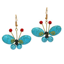 Gorgeous Blue Turquoise & Brass Butterfly Dangle Earrings - $10.93
