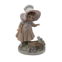 Lefton China Figurine KW230 Porcelain Hand Painted Girl With Frog On Log Vintage - £9.49 GBP