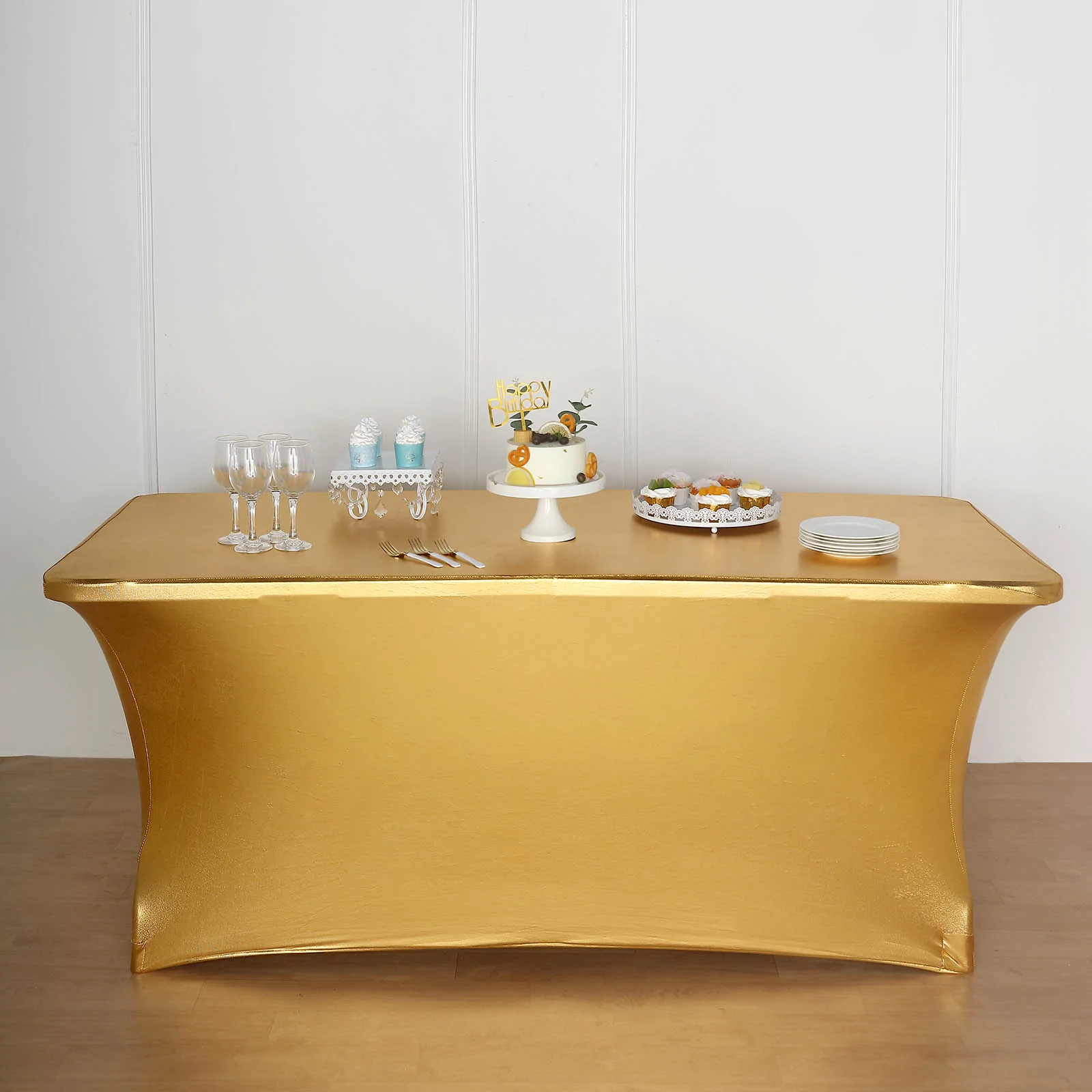 Gold - 6FT Rectangular Stretch Spandex Table Cover Metallic Color - £40.16 GBP