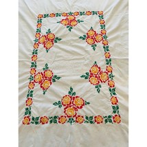 Vintage Hand Embroidered Floral Oblong Tablecloth - $24.74