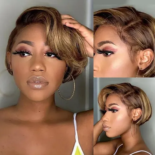 Brown Mix HUMAN Wavy Pixie Wavy Bob Wig - $172.62