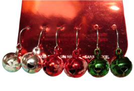 Christmas Jingle Bell Dangle Earrings 3 Pair Red Green Silver - £11.93 GBP