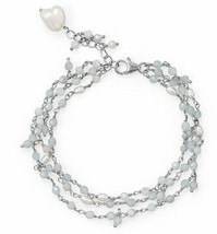 Aquamarine &amp; Freshwater Pearl Three Strand Beaded Chain Bracelet 14k Gold Finish - $198.30
