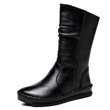 Fashion Handmade Women Boots Winter Warm Mid-calf Genuine Leather Flat Boots Wom - £75.57 GBP