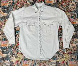 Vtg 80s 90s Western White Thick Cotton Button Down Shirt Sz S/M Silver Trim - £19.11 GBP