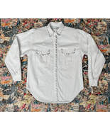 Vtg 80s 90s Western White Thick Cotton Button Down Shirt Sz S/M Silver Trim - £19.02 GBP