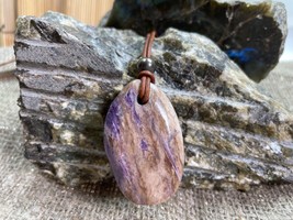 Unisex Charoite Necklace Adjustable Leather Cord Crown Chakra Reiki Jewelry - £15.78 GBP