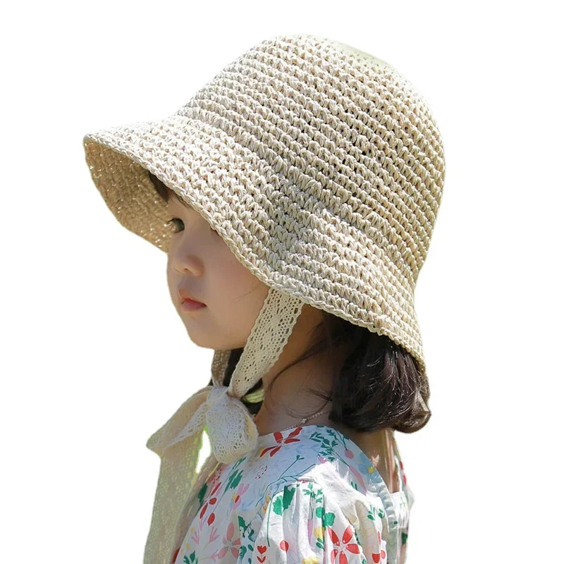 Fashion Children Bucket Hat Lace Bow Baby Hat Summer Panama Straw Baby Girl Cap - £12.03 GBP