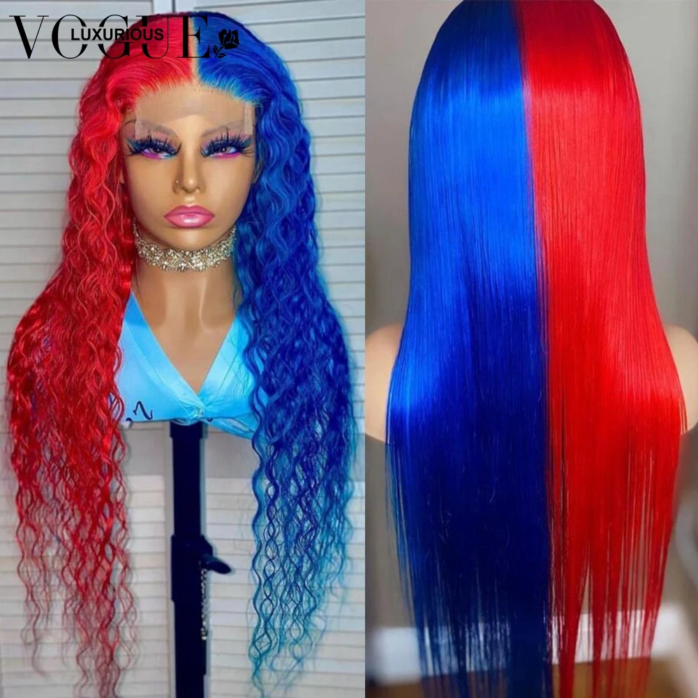 Red Blue Straight Lace Front Wig Colored Curly Human Hair Wig 13x4 Front... - £143.36 GBP+