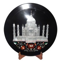 12&quot; Black Marble Plate with MOP Inlay Art Taj Mahal Handmade Work Halloween Gift - £176.85 GBP