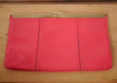 Primary image for Vintage 50s ETRA Red Leather Grosgrain Lined Brass Clutch Small Purse w/ Chain