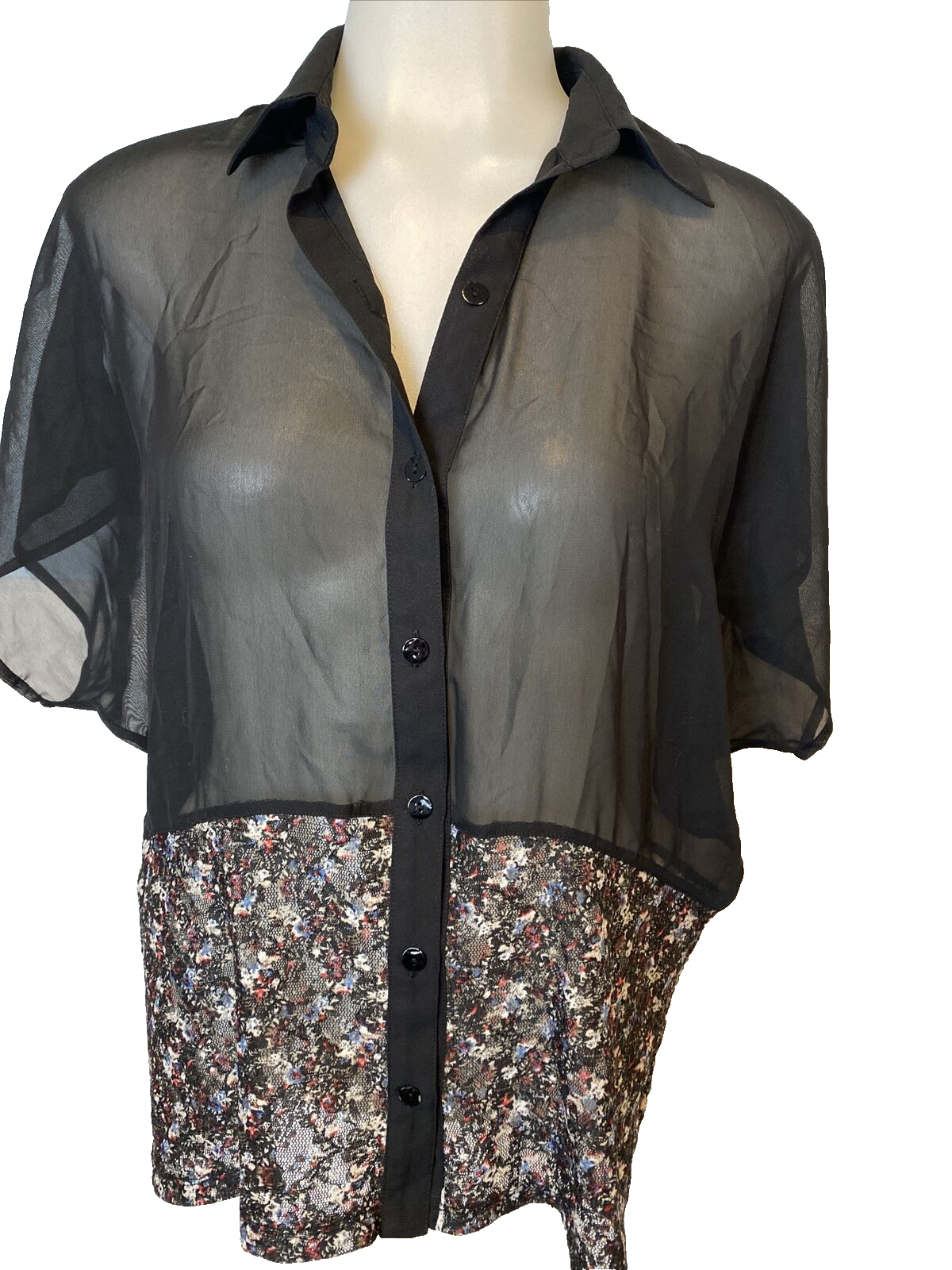 H.I.P. Happening in The Present Black &amp; Black Floral Sheer  Blouse XS - $11.39
