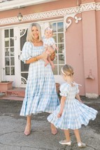 Blue gingham mommy and me dress matching mom girl dress vichy check twin... - £31.20 GBP