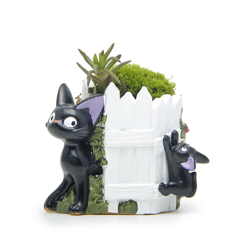 Primary image for Black Cat White Fence Resin Cacti Micro Landscape Flowers Succulent Plants Pot
