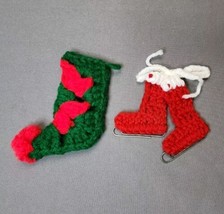 Vintage Christmas Ornaments Handmade Crochet Knit Ice Skates &amp; Holiday Stocking - $15.84