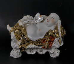 Relaxed Laughing Buddha Statute Figurine Porcelain China Happy Lucky Gold - £140.59 GBP