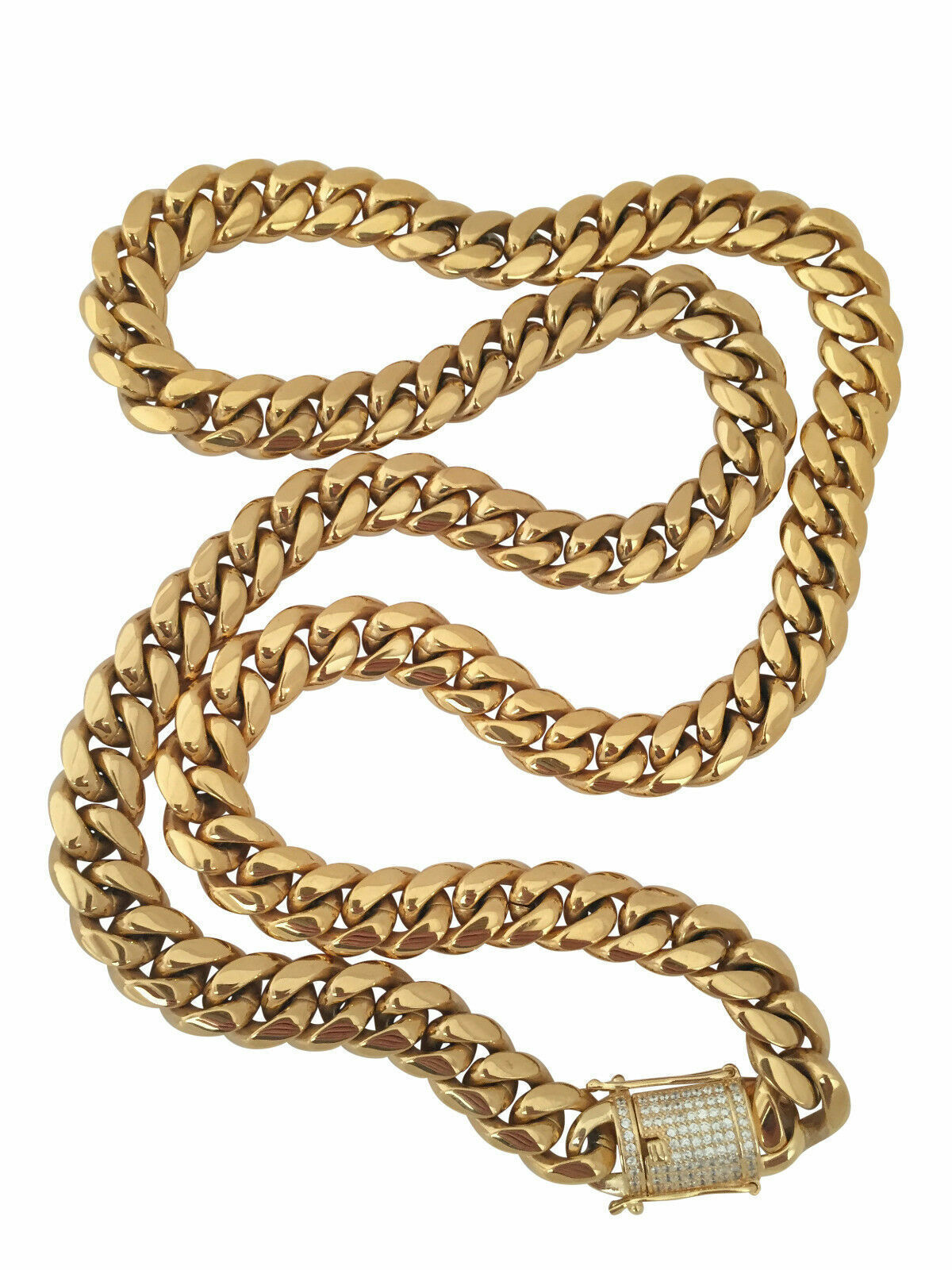 14K Gold GP Stainless Steel Cuban Link Chain CZ Iced Clasp Lock 12mm 22" 24" 26" - $19.79 - $23.75